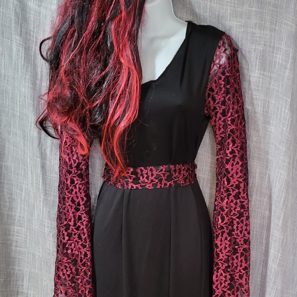 🎃Gothic Victorian Black Dress with ruby lace Ladies Halloween Sz m witch vampir - Picture 2 of 12
